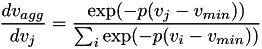 \[ \frac{d v_{agg}}{d v_j} = \frac{ \exp (-p (v_j - v_{min})) }{ \sum_i \exp (-p (v_i - v_{min})) } \]